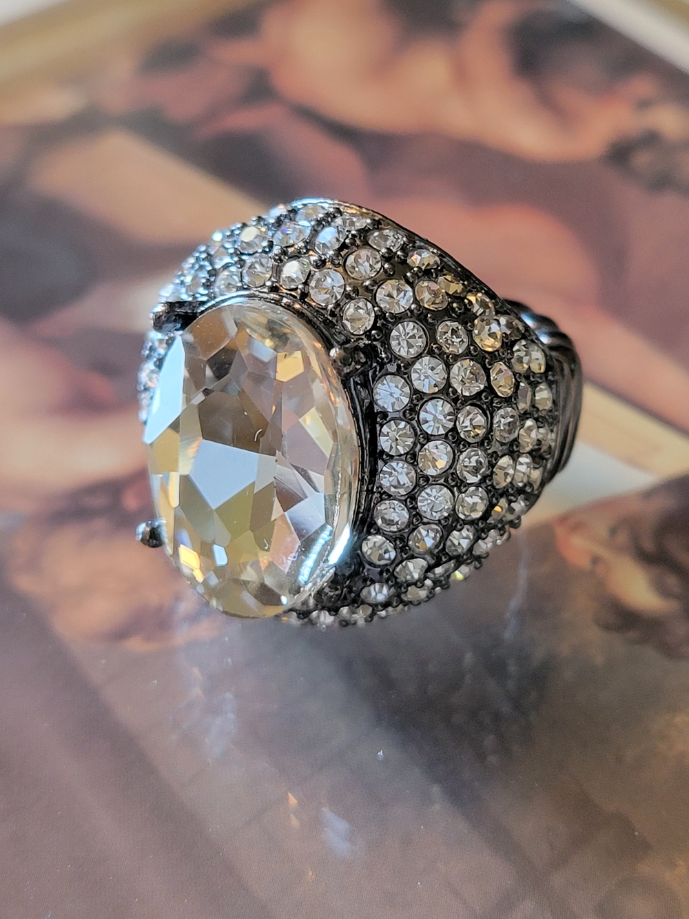 Clear Crystal Pavé Cocktail Ring in Silver Tone